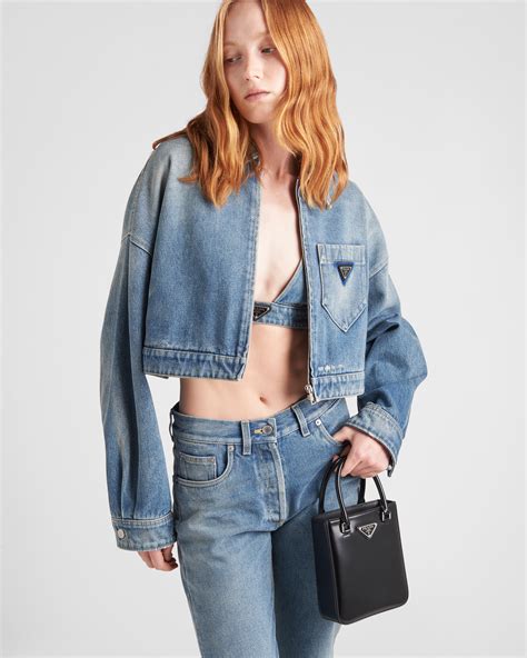 cropped organic denim jacket prada|Prada cropped denim jacket.